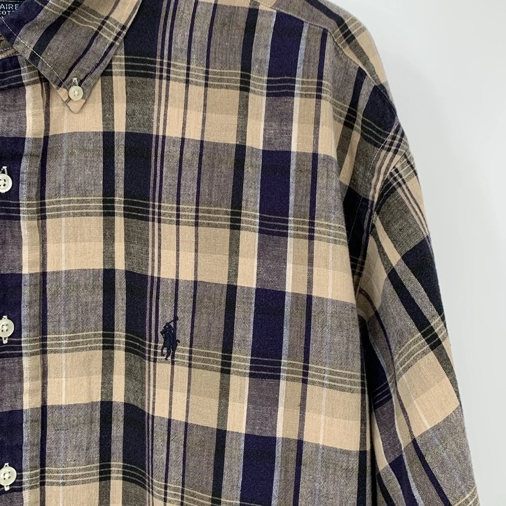 Polo Ralph Lauren Blaire button down plaid shirt navy blue tan plaid men XL